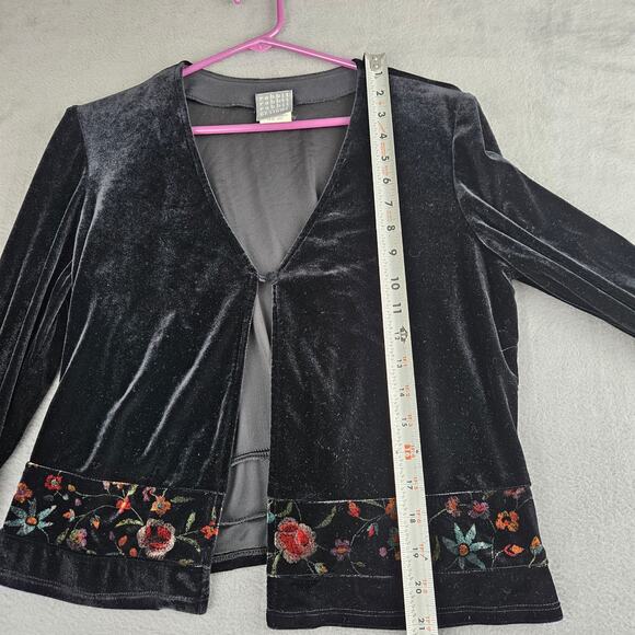 Black Velvet Embroidered Boho Y2K Floral Trim Cardigan Top Size 10 - Picture 5 of 8